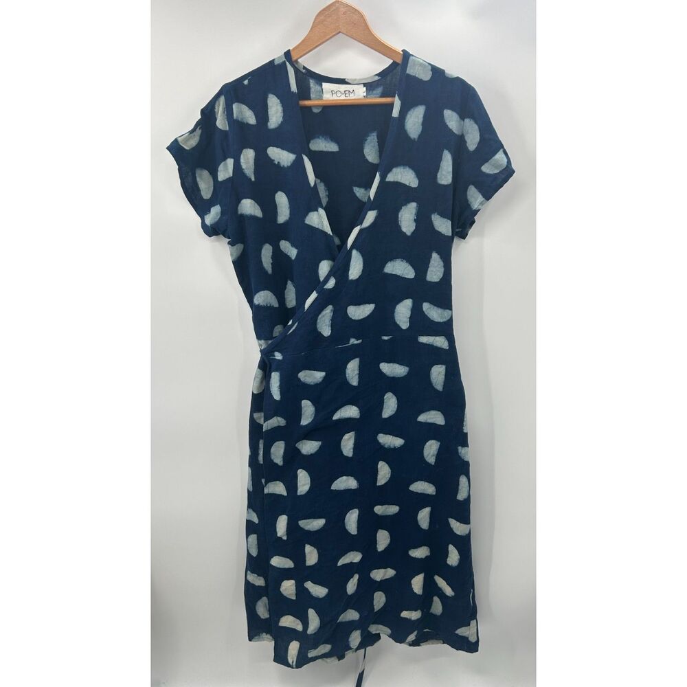 PO-EM Handwoven Natural Cotton Indigo Combo Wrap Dress Women’s Size Large